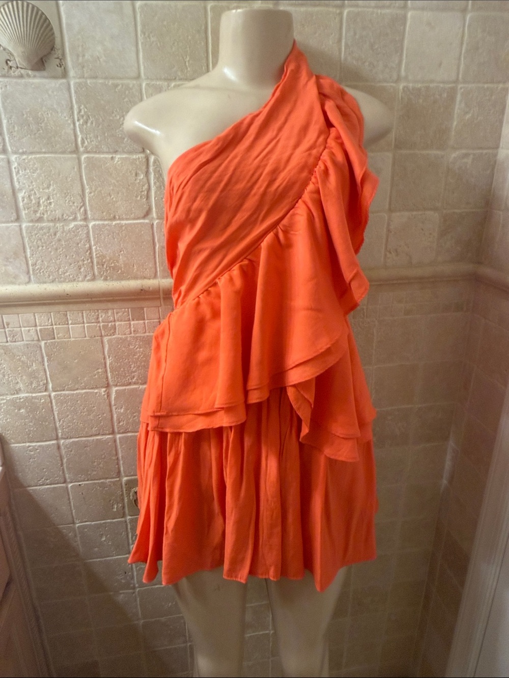 One-Shoulder Ruffle Mini Dress in Bright Orange - Picture 2 of 6
